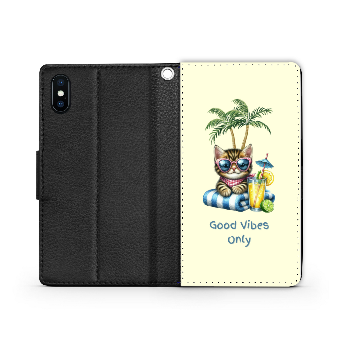 Good Vibes Only Beach Kitten Faux Leather Wallet Phone Case-Light Yellow
