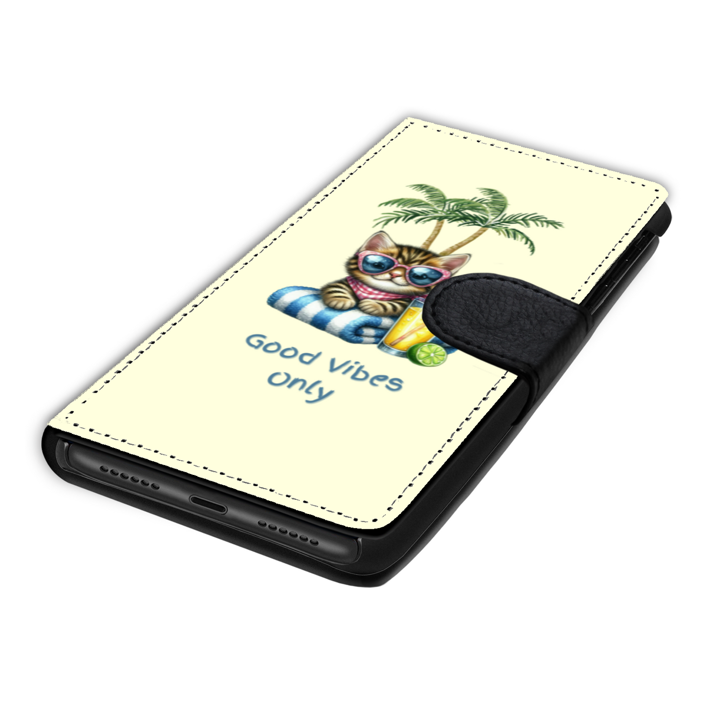 Good Vibes Only Beach Kitten Faux Leather Wallet Phone Case-Light Yellow