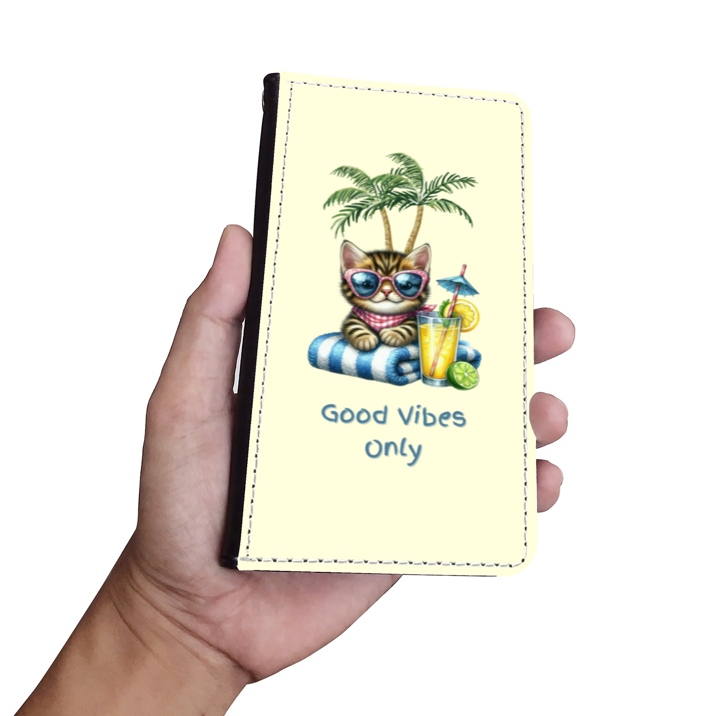 Good Vibes Only Beach Kitten Faux Leather Wallet Phone Case-Light Yellow