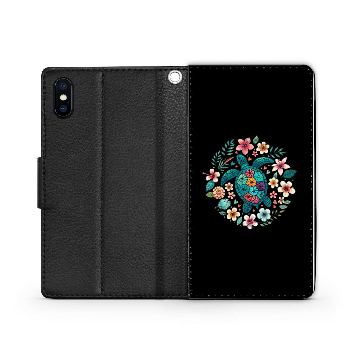 Summer Sea Turtle Floral Boho Flower Faux Leather Wallet Phone Case-Black