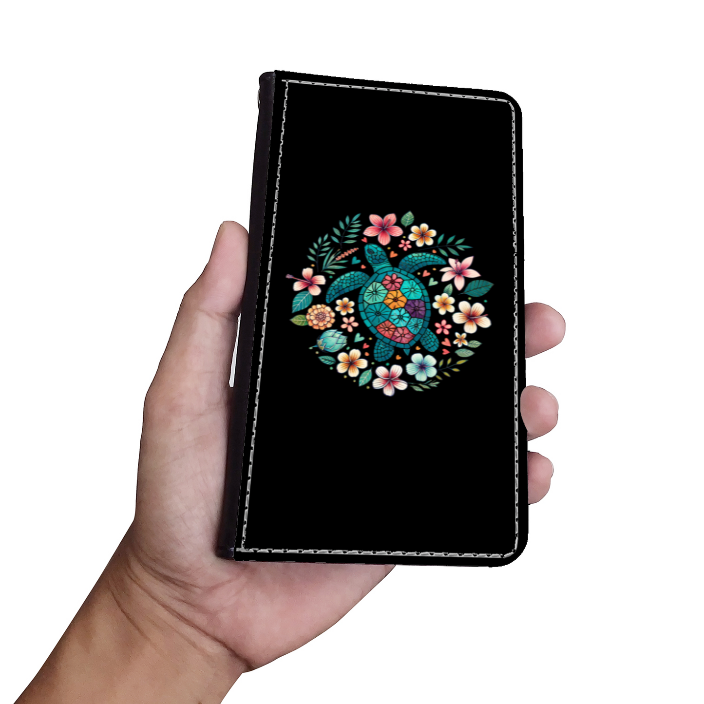 Summer Sea Turtle Floral Boho Flower Faux Leather Wallet Phone Case-Black