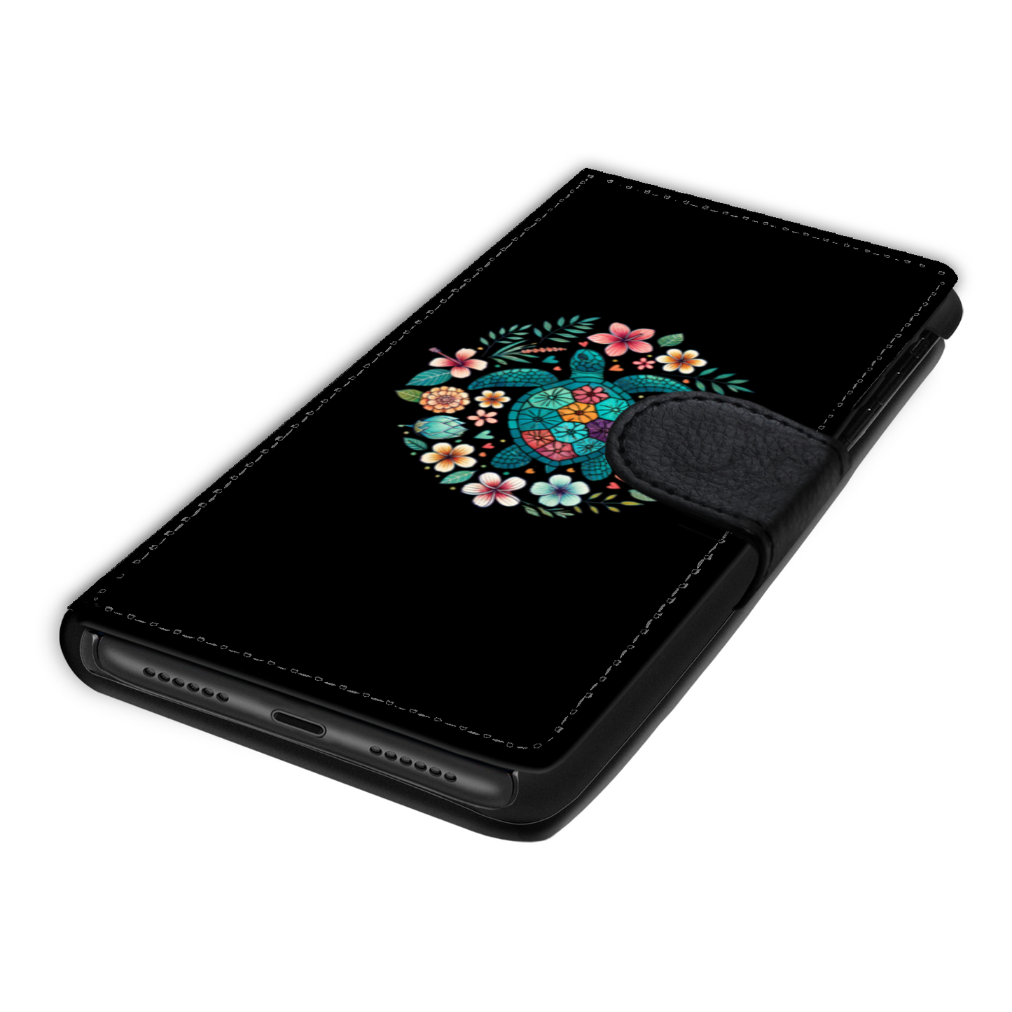 Summer Sea Turtle Floral Boho Flower Faux Leather Wallet Phone Case-Black