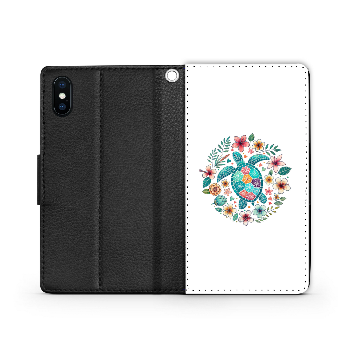 Summer Sea Turtle Floral Boho Flower Faux Leather Wallet Phone Case-White