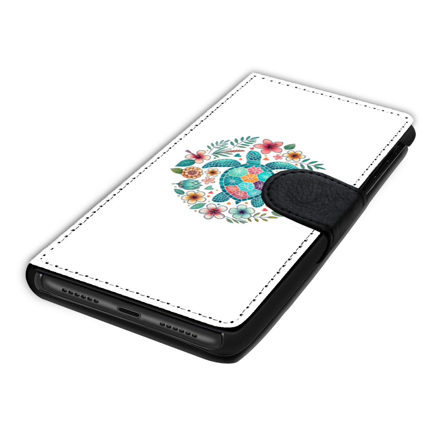 Summer Sea Turtle Floral Boho Flower Faux Leather Wallet Phone Case-White