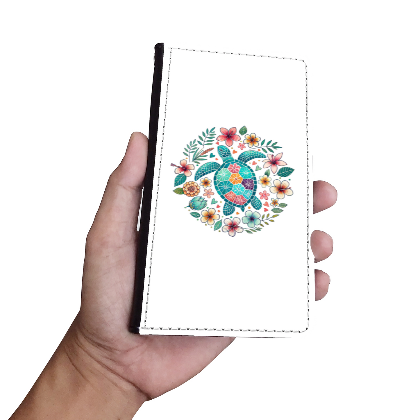 Summer Sea Turtle Floral Boho Flower Faux Leather Wallet Phone Case-White