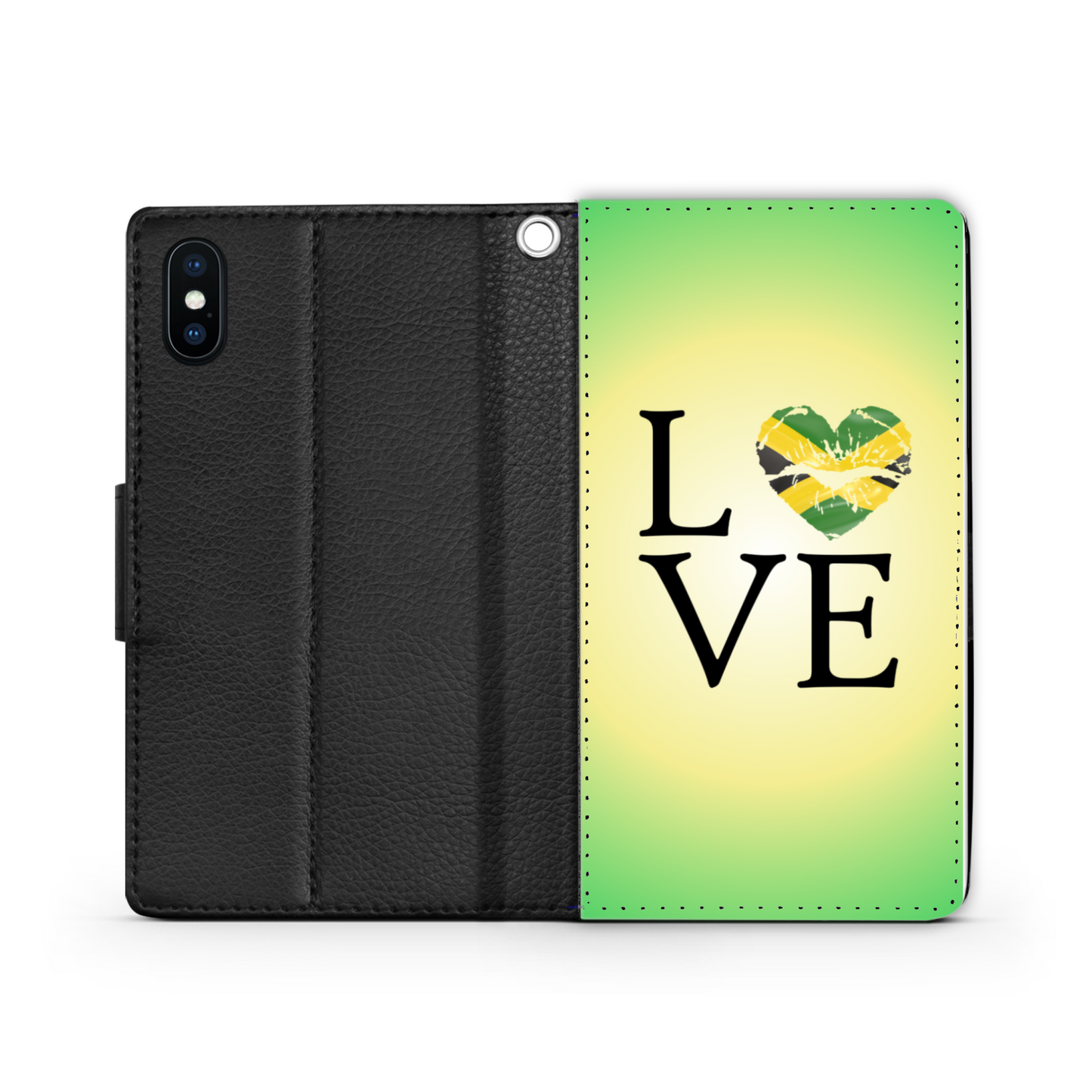 Heart Love Jamaica Flag Faux Leather Wallet Phone Case