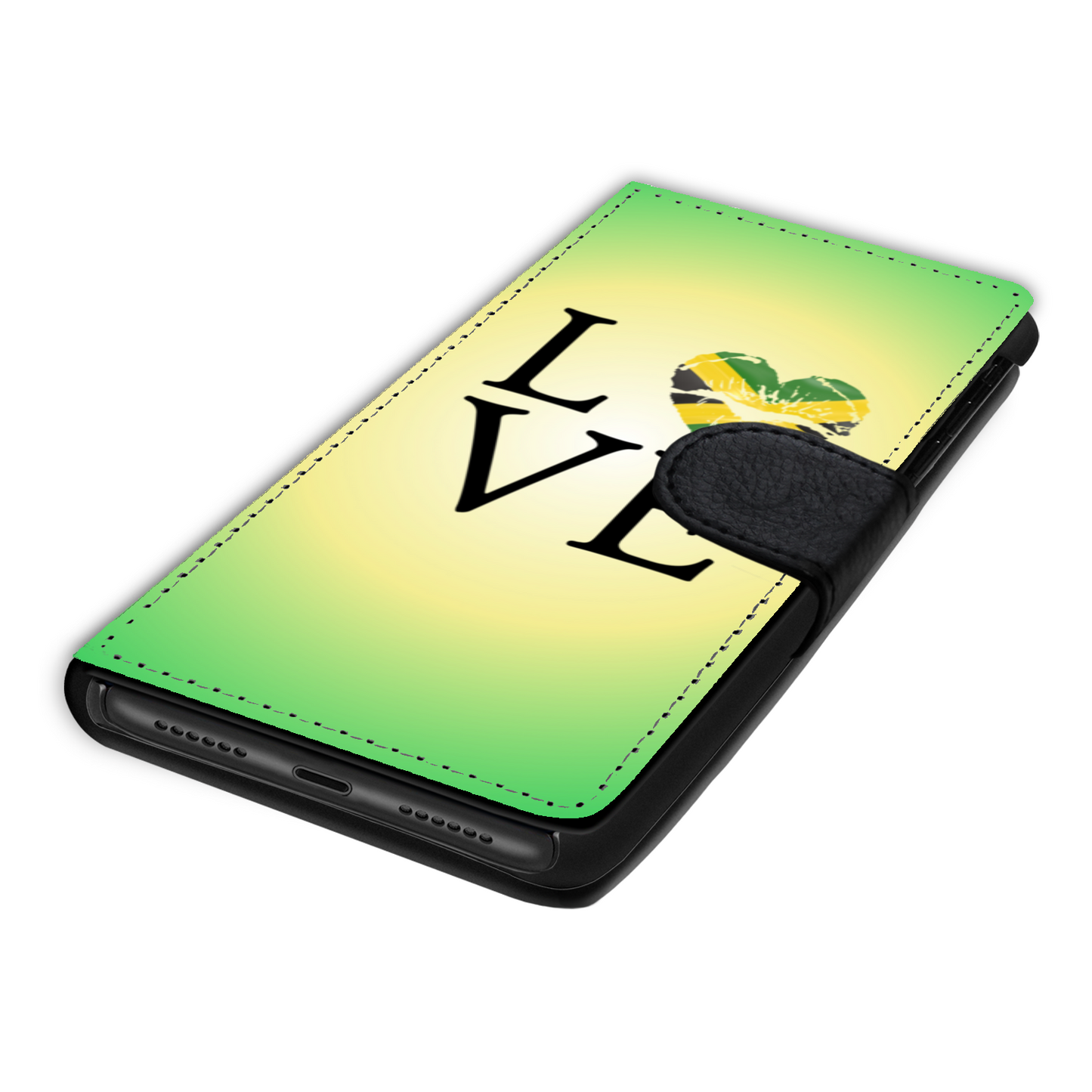 Heart Love Jamaica Flag Faux Leather Wallet Phone Case