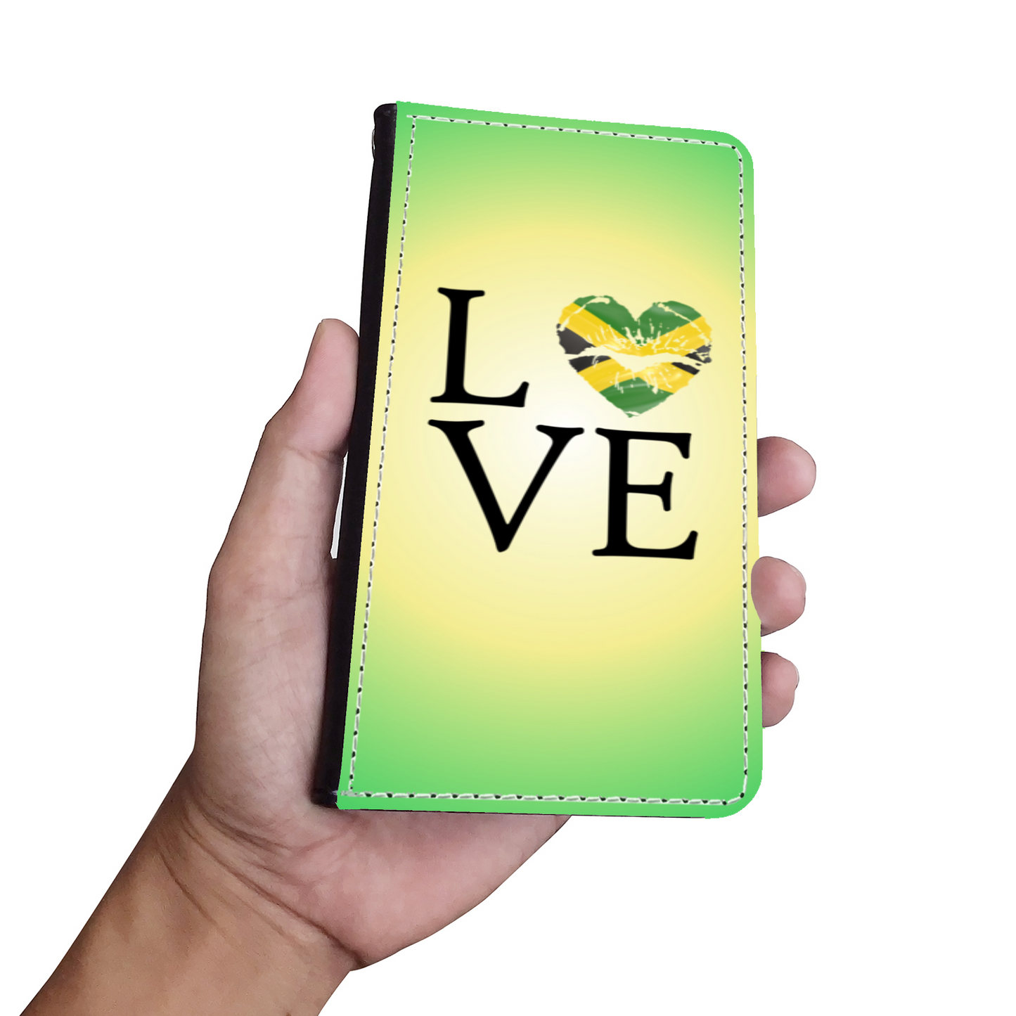 Heart Love Jamaica Flag Faux Leather Wallet Phone Case