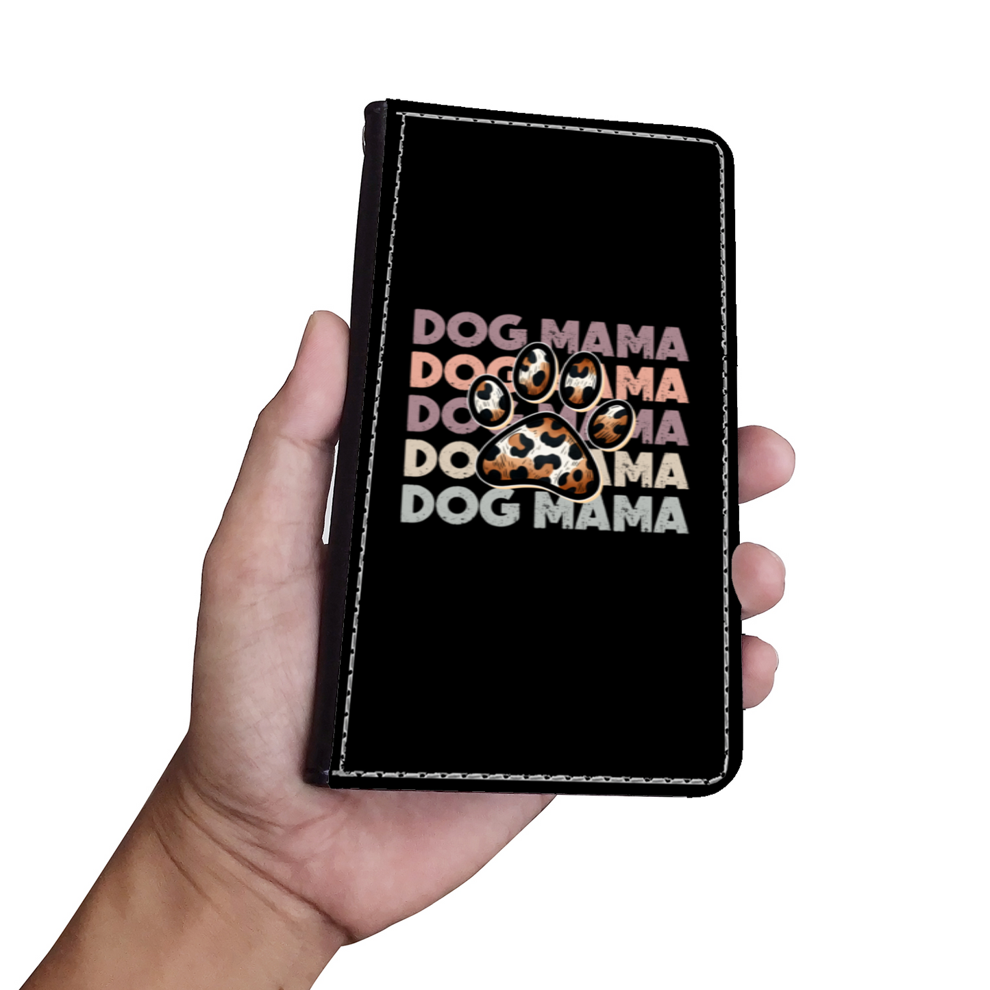 Dog Mama Paw Print Faux Leather Wallet Phone Case-Black