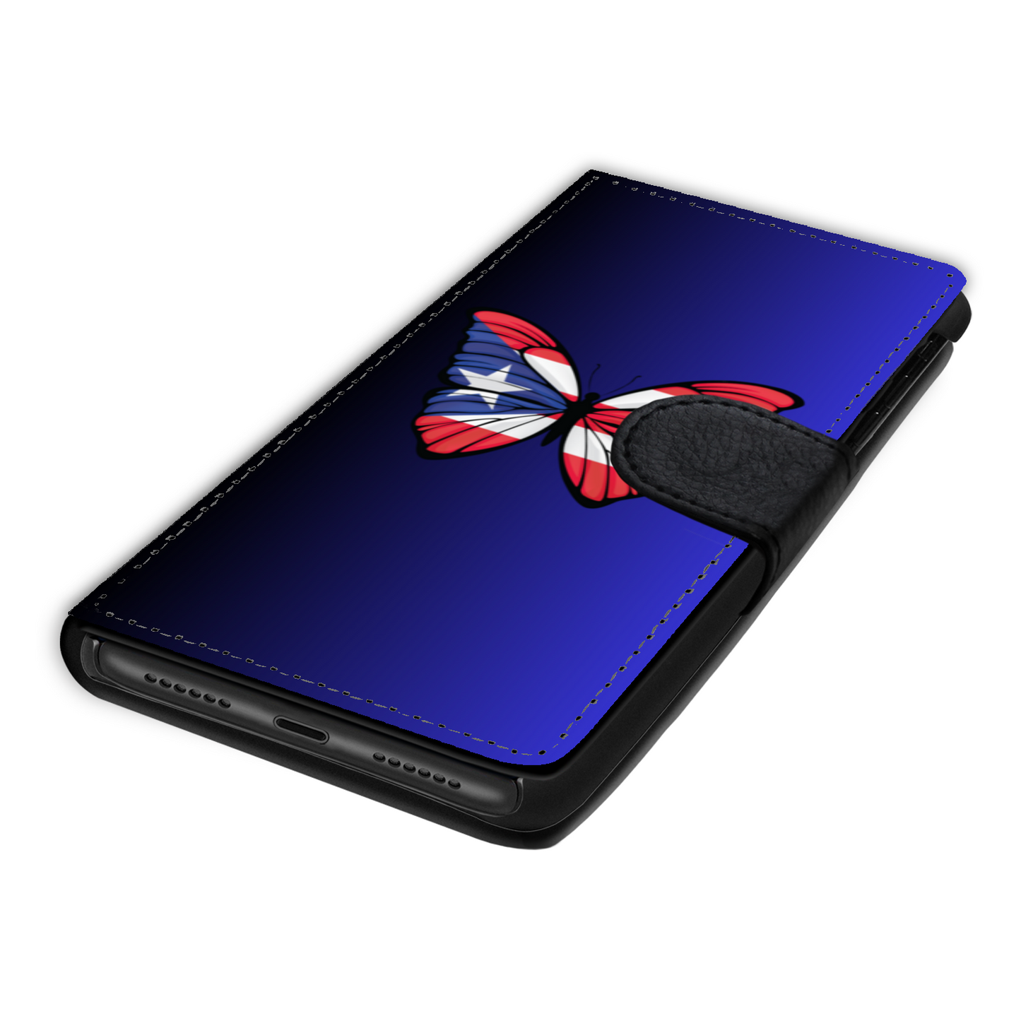 Puerto Rico Butterfly Faux Leather Wallet Phone Case- Dark Blue Gradient